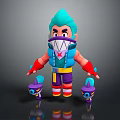 Animated Game Character With Turquoise Hair Shark Mouth Mask Colorful Outfit And Small Purple Sidekicks