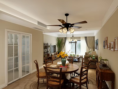 Restaurant Interior With Round Dining Table Wooden Chairs Yellow Flowers Ceiling Fan And Warm Tones 3d model