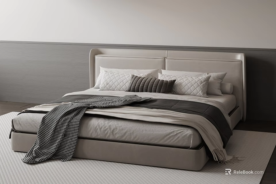 Modern Elegant Double Bed With Upholstered Headboard Decorative Pillows And Cozy Blanket 3d model 