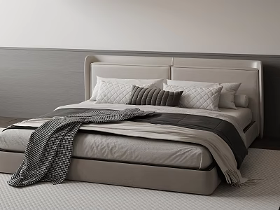 Modern Elegant Double Bed With Upholstered Headboard Decorative Pillows And Cozy Blanket 3d model