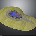 Small Garden Landscape Design With Green Grassland Blue Pond Stone Path And Tree