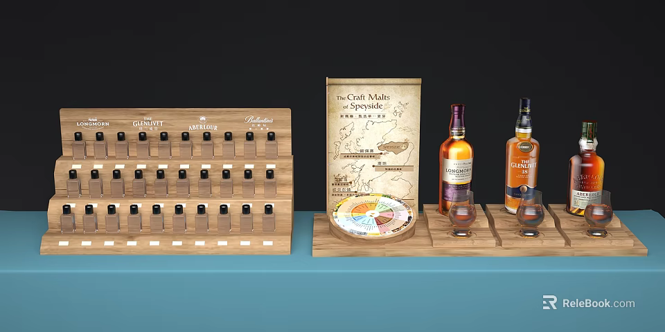 Wooden Display Shelves Showcasing Whiskey Bottles Glasses and Decorative Map 3d model 