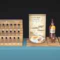 Wooden Display Shelves Showcasing Whiskey Bottles Glasses and Decorative Map