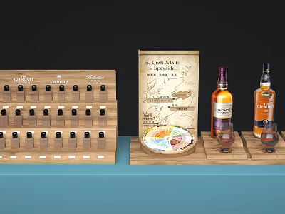 Wooden Display Shelves Showcasing Whiskey Bottles Glasses and Decorative Map 3d model