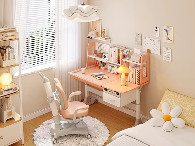 Pink Kids Study Desk With Bookshelf Adjustable Chair Storage Drawer And Lamp In Bedroom 3d model