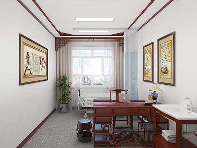 Chinese Style Room Interior With Traditional Decor Hanging Paintings Wooden Desk And Green Plant 3d model