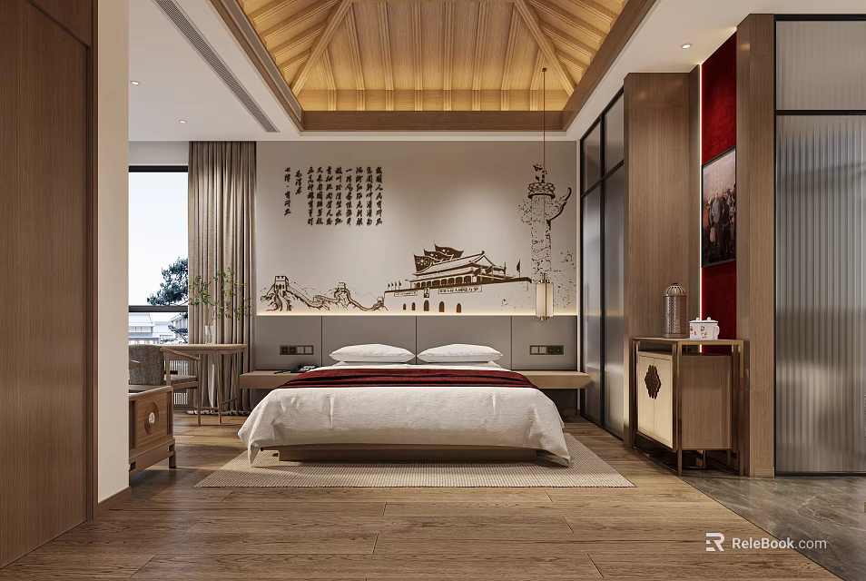 Hotel Guest Room Interior With Chinese Style Wooden Ceiling Red Pillow Bed And Wooden Flooring 3d model 