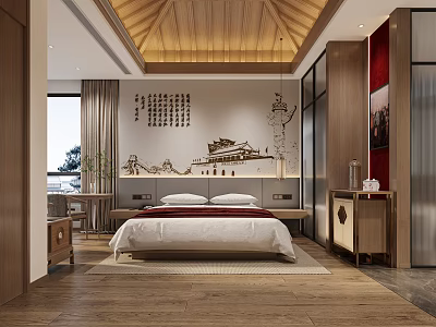 Hotel Guest Room Interior With Chinese Style Wooden Ceiling Red Pillow Bed And Wooden Flooring 3d model