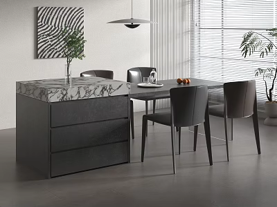 Stylish Dining Table With Marble Top Black Chairs Plates Fruits Pendant Light And Window Blinds 3d model