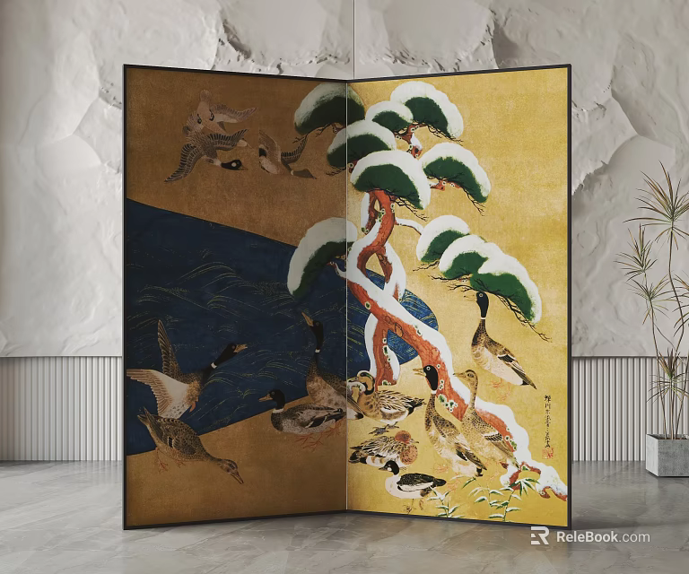 Traditional Folding Screen with Snow Covered Pine Tree Geese and Wave Design 3d model