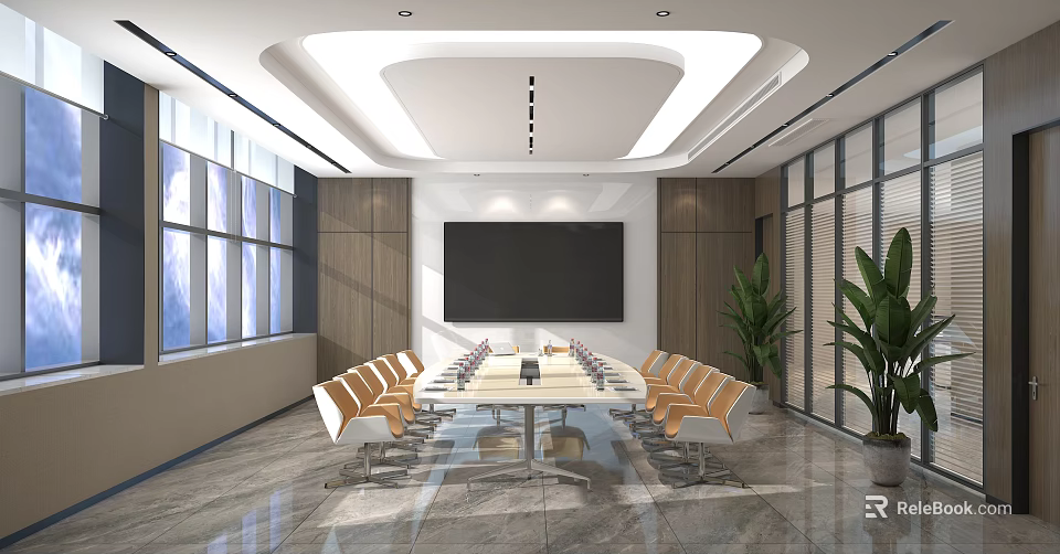 Modern Conference Room Interior With Long Table Orange Chairs Large Screen Wooden Walls And Plants 3d model 