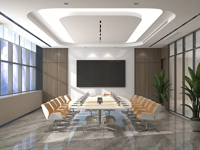 Modern Conference Room Interior With Long Table Orange Chairs Large Screen Wooden Walls And Plants 3d model