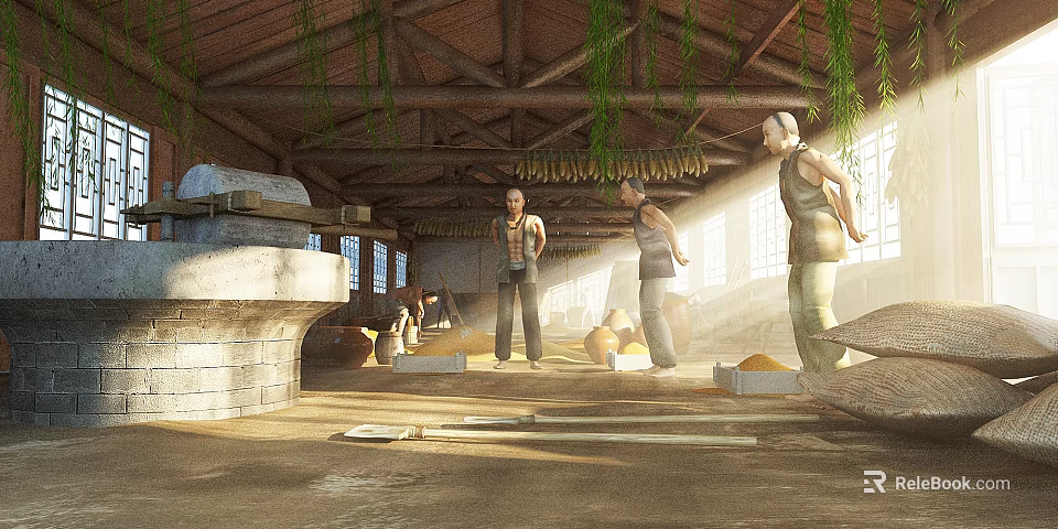 Traditional Workshop Interior With Wooden Roof Beams Hanging Green Vines And People Working 3d model 