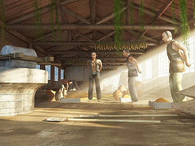 Traditional Workshop Interior With Wooden Roof Beams Hanging Green Vines And People Working 3d model