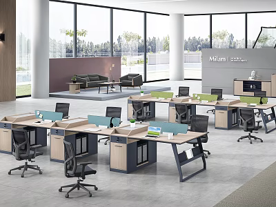 Modern Spacious Office Interior With Large Windows Natural Views Work Desks And Office Chairs 3d model