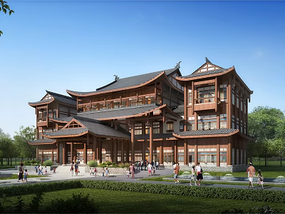 Ancient Chinese Traditional Building With Multi storey Wooden Structure Curved Eaves Green Lawn And People Gathering 3d model