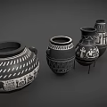 Ancient Pottery Vases With Intricate Black White Patterns Displayed In A Row With Geometric Symbols