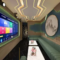 Modern KTV Interior with Large Screen Song Selection System Green Sofas and Circular Landscape Decor 3d model
