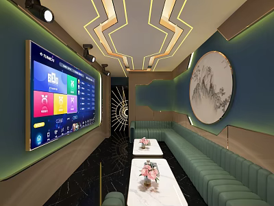 Modern KTV Interior with Large Screen Song Selection System Green Sofas and Circular Landscape Decor 3d model
