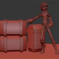 3D Character in Orange Blue Outfit with Creature Shaped Blue Yellow Striped Boxes