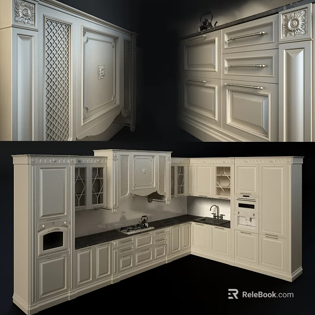 Elegant White Kitchen Cabinets With Glass Doors Carved Details And Black Countertop 3d model 