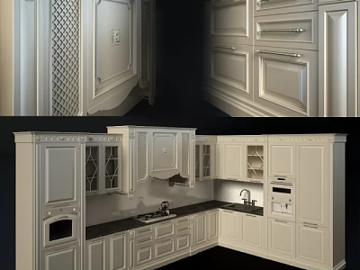 Elegant White Kitchen Cabinets With Glass Doors Carved Details And Black Countertop 3d model
