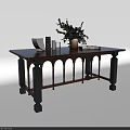 Wooden Dining Table With Arched Black Legs And Decorative Vase Flower Bouquet