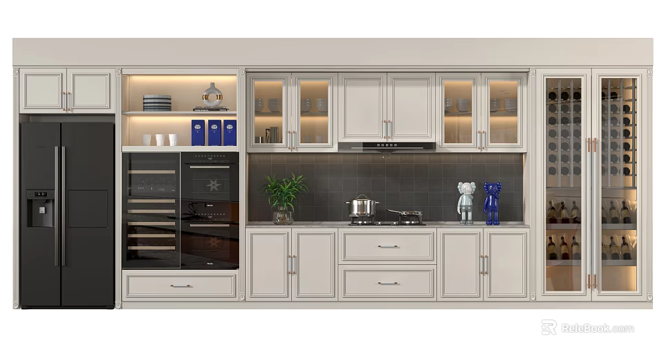 Elegant Modern Kitchen Interior With White Cabinets Black Countertop And Appliances 3d model 