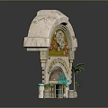 Jurassic Fortune Themed Entrance Gate With Ornate Stone Carvings And Palm Trees