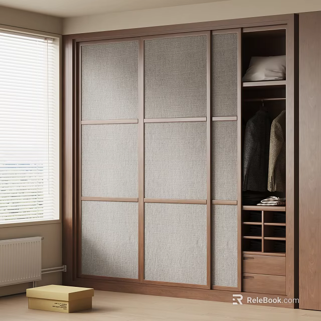 Modern Wooden Wardrobe Design With Fabric Panel Doors And Open Storage Compartments 3d model 