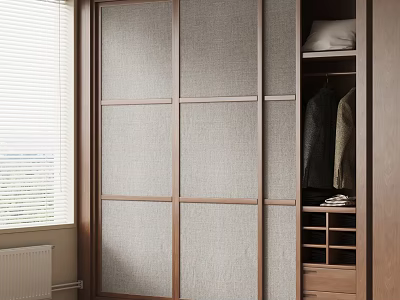 Modern Wooden Wardrobe Design With Fabric Panel Doors And Open Storage Compartments 3d model