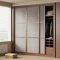 Modern Wooden Wardrobe Design With Fabric Panel Doors And Open Storage Compartments