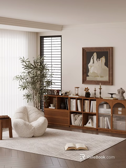 Modern Wooden Bookcase With Books Decorative Items Artwork And Potted Plant In Living Room 3d model 