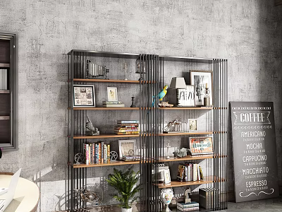Modern Metal And Wooden Display Shelf With Books Decorations Photo Frames And Green Plants 3d model