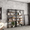 Modern Metal And Wooden Display Shelf With Books Decorations Photo Frames And Green Plants