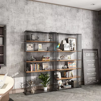Modern Metal And Wooden Display Shelf With Books Decorations Photo Frames And Green Plants 3d model