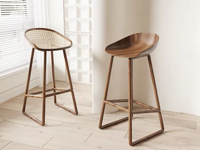Modern Bar Stools With Rattan And Wooden Seats In Stylish Indoor Space 3d model