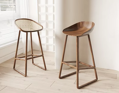 Modern Bar Stools With Rattan And Wooden Seats In Stylish Indoor Space 3d model