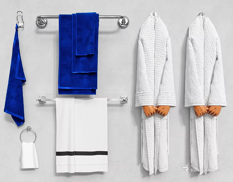 Blue And White Towels With White Bathrobes On Bathroom Towel Rack 3d model 