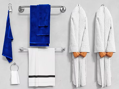 Blue And White Towels With White Bathrobes On Bathroom Towel Rack 3d model