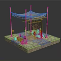 Canopy Structure With Copper Pillars Tables Chairs And Decorative Items On Platform