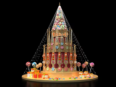 Festive Christmas Candy Decoration Tower With Lollipops Gift Boxes And Lights 3d model