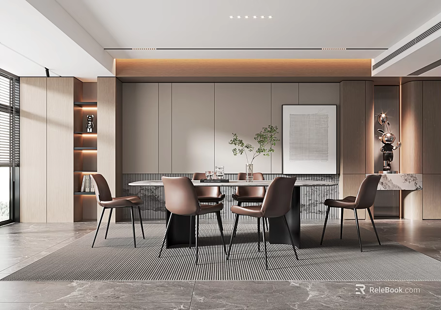 Modern Restaurant Interior With Dining Table Chairs Warm Lighting Decorative Painting And Green Plant 3d model 