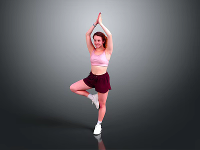 Woman Doing Yoga Single Leg Standing With Hands Raised In Pink Sports Bra Maroon Shorts 3d model