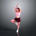 Woman Doing Yoga Single Leg Standing With Hands Raised In Pink Sports Bra Maroon Shorts
