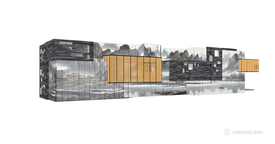 Modern Commercial Complex With Glass Curtain Wall And Wooden Elements Against Landscape Background 3d model 