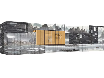 Modern Commercial Complex With Glass Curtain Wall And Wooden Elements Against Landscape Background 3d model