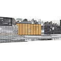 Modern Commercial Complex With Glass Curtain Wall And Wooden Elements Against Landscape Background