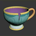Blue Ceramic Cup With Yellow Rim Purple Crack And Spiral Patterns