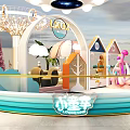 Vibrant Playground Featuring Cartoon Sculpture Pink Counter Striped Umbrella Green Plants And Decorative Houses